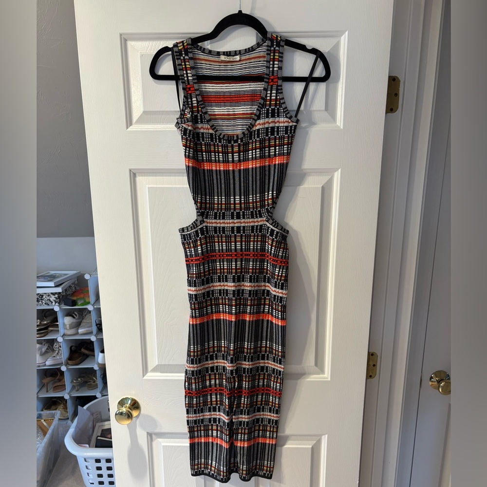 Ronny Kobo Collection Striped Cutout Midi Dress in Black, Orange and Cream
